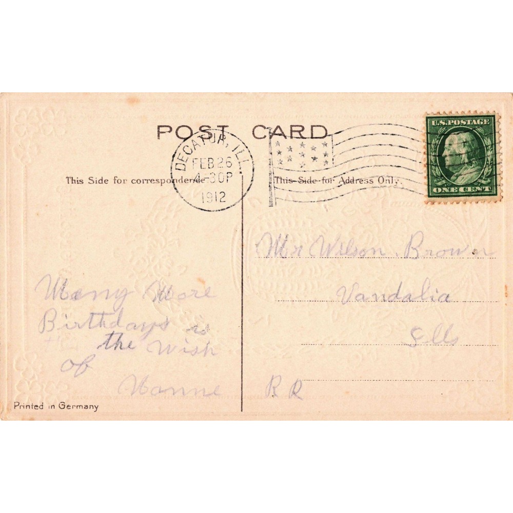 Antique 1912 Birthday Greetings Postcard Embossed Roses Shamrocks Germany G+ - Picture 2 of 2